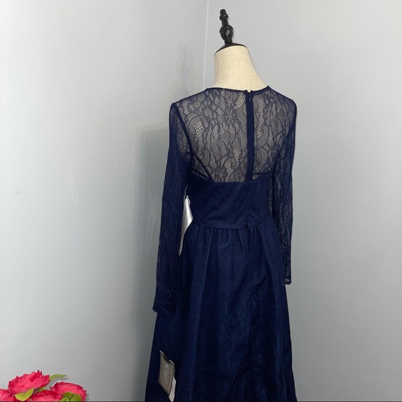 # Mac Duggal Long Sleeve Lace Column Gown With Overskirt - Picture 12 of 16